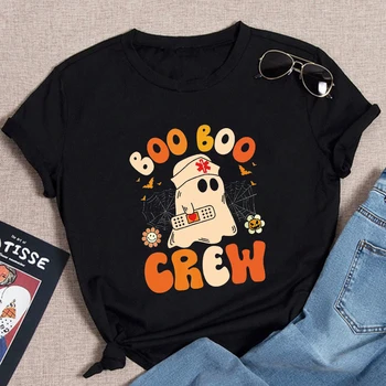 2023 Nové Groovy Boo Boo Posádky Sestra Vtipné Krátke Rukávy Okrúhle Krčný Záchranár Duch Ženy Halloween Sestra T-Shirt