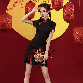 2024 Nové Letné Čína-Elegantné Cheongsam Mladých Dievčat Lepšiu Čierne Krátke Čínskych Žien Nosiť Starého Šanghaja Vintage Modern Qipao