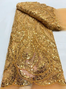 Africké Tkaniny Podľa Šijací Metrov Zlaté Výšivky Tylu 5Yards Dubaj Korálkové Oka Flitrami Čipky Textílie Svadobné Šaty Pre Ženy