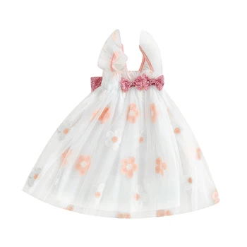 Baby Dievčatá Šaty Kvetinové Výšivky Flitrami Bowknot Lietať Rukávom Vrstvené Tylu Šaty Módne Bežné Princezná Šaty