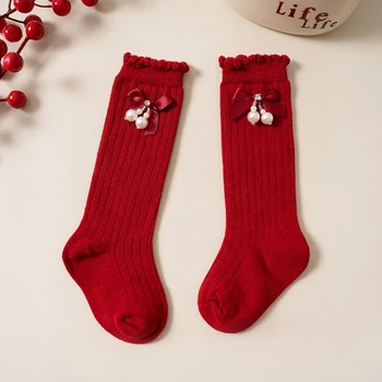 Batoľa Dievčatá Vianočné Kolená Vysoké Ponožky Baby Rebrovaný Bowknot Pearl Drahokamu Dekorácie Ponožka Novorodenca Bavlna Proti Sklzu Pančuchy