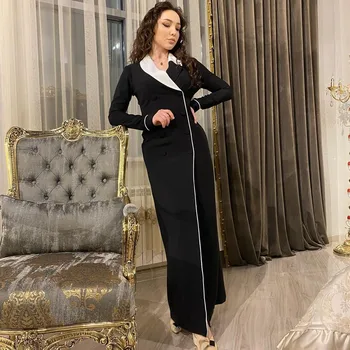Fashionvane Čierny Plášť Šaty Ženy Nosia Večerné Party V Krku Tlačidlá Dlhé Rukávy Prom Šaty pre Saudská Arábia Dubai Ladies