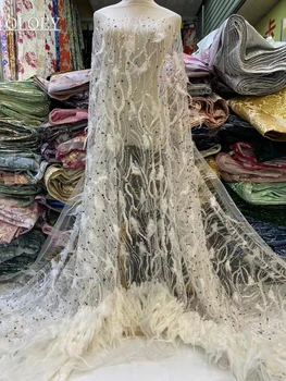High-End Luxusný Pódium Francúzsky Oka Pierko Korálkové Čipky Textílie Afriky Sequin A Farebných Drahých Kameňov, Tkanín Pre Svadobné Šaty