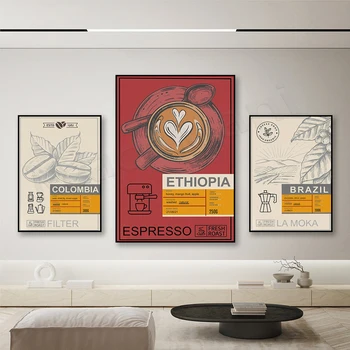 Káva zóny plagát, káva typografické plagát, rannú kávu, kuchyňa plagát, brazília, etiópia, kolumbia