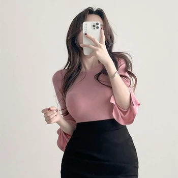 Kórejský Módy Sexy Split Horela Rukávy Chudá T-Shirt pre Ženy Jar Leto Dámy Roztomilý Estetické Plodín, Topy, Lacné, Veľkoobchod