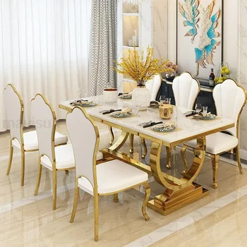 Luxusný Kuchynský Stôl S Mramorovou Obdĺžnik Stabilné Pozlátené Z Nerezovej Ocele, Rám Hotel Večera Jedálenský Stôl A Stoličky