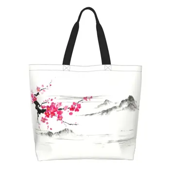 Móda Stromček Sakura Cherry Blossom Nakupovanie Tote Bag Recyklácie Japonský Kvet S Potravinami Plátno Ramenný Shopper Taška