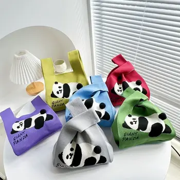 Módne Jednoduché Taška Cez Rameno Skladovanie Taška Veľká Kapacita Panda Cartoon Väzbe Pletené Taška Ženy Kabelka Malé Tote Bag Taška Zápästie