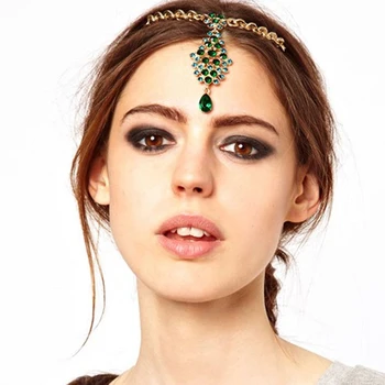Nevesta Hair Pin Green Crystal Head Reťazca Drahokamu Svadobný Sprievod Headpiece Indickej Čelo, Vlasy, Šperky Pre Ženy Strany