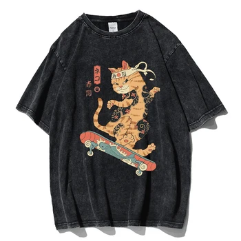 Nové Letné 100%Bavlna T-Shirt pánske Bežné Krátky Rukáv Tees Japonské Kreslené Samuraj Mačka Mužskej Módy Harajuku Streetwear Topy