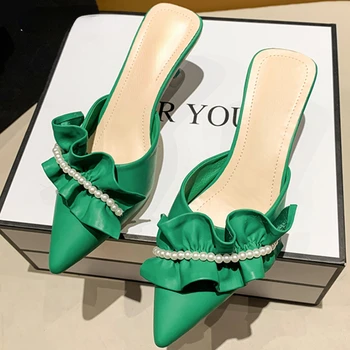 Pearl Vysokým Podpätkom Tkaných Topánky Ženy Pošmyknúť Na 2024 Trend Ulici V Lete Zelené Ukázal Prst Papuče, Sandále Ženy Elegantný Luxusný Sexy