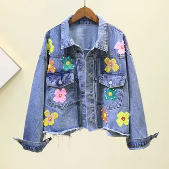 Pekné Pop Denim jacket Ženy Kabát trojrozmerné Kvety Pearl Perličiek Krátke Džínsy Bunda Flitrami Voľné Kabát Žena Outwear
