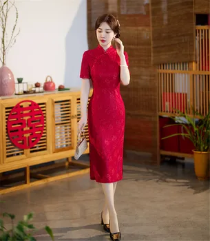 Sexy Čipkou Trim Mandarin Golier Šifón Cheongsam Retro Ručné Tlačidlá Qipao Čínske Svadobné Šaty