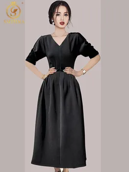 SMTHMA dámske Čierne Letné Šaty Dámske Sexy tvaru Dizajn Elegantný Temperament Strednej Dĺžky Big Swing Dlhé Šaty Vestidos