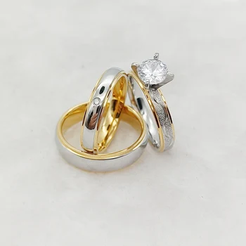 Veľkoobchod 3ks Svadobné Zásnubné Prstene Nastaviť Pozlátené Šperky Sľub Pár Prstene Pre mužov a Ženy