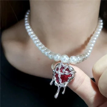 Vintage Y2k Red Crystal Srdce Estetické Prívesok Perla Korálkový Náhrdelník Pre Ženy Gotický EMO Vianočné Rave Príslušenstvo Šperky