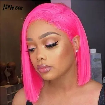 Zvýraznite Hot Pink Farebné Krátke Bob Surové 13x4 Predné Čipky Parochne Pre Ženy Ľudské Vlasy Rovné Vlasy Parochňa Čipky Čelnej Parochne Pre Ženy